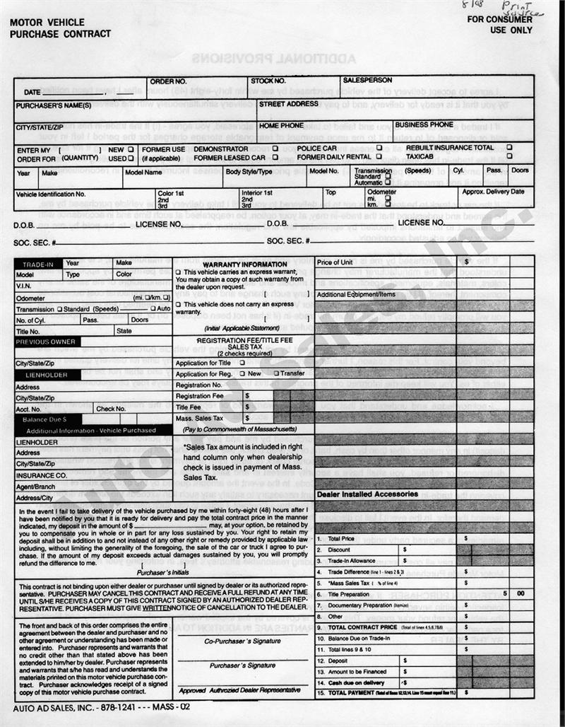 Massachusetts Motor Vehicle Purchase Contract